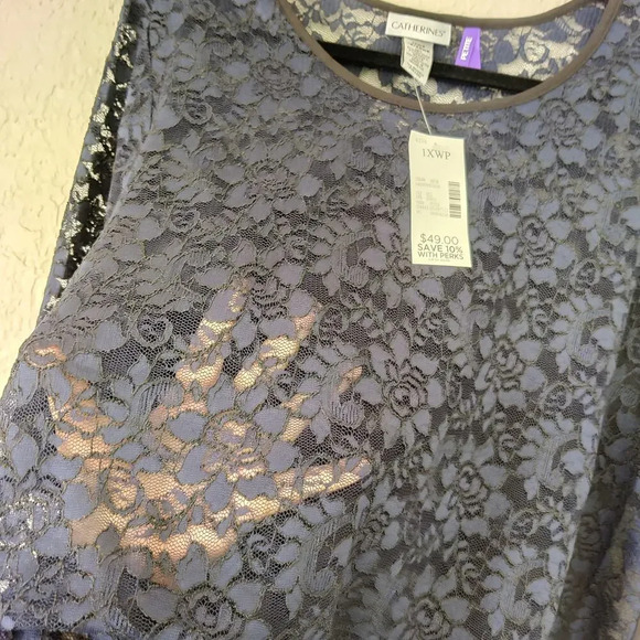 Catherines Floral Lace Sheer Blouse Short Sleeve Navy Boat Neck Sz 18-20W Petite - Picture 6 of 7